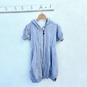 Gray Short Sleeve Hoodie Dress | Casual Cotton Zip-Up | Size M